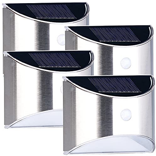 Lunartec LED Solar Strahler: 4er-Set Solar-LED-Wandleuchte mit PIR-Sensor, Edelstahl, 20 lm, IP44 (Außenleuchte mit Bewegungsmelder, Solarlicht mit Bewegungsmelder, Fluter Bewegungsmeldern)
