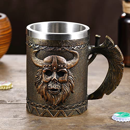 Arola Viking Axe Mug, Stainless Steel Horn Skull Beer Cup, Viking Warrior Skull Tankard, Drinking Cup for Coffee/Beverage/Juice 17oz Gift for Men