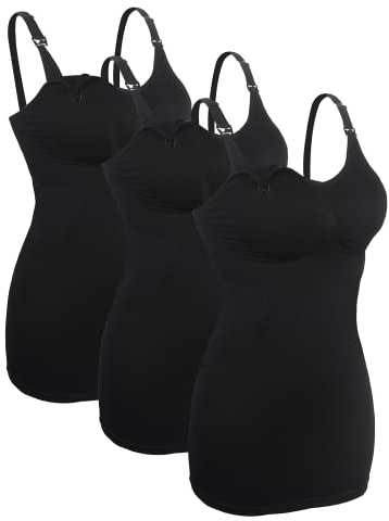 4How 3er Damen Stilltops Mutterschaft Tanktop mit Eingebautem BH für Stillen Schlaf Camisole Schwarz XL