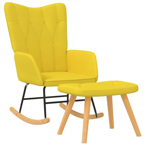 vidaXL Schaukelstuhl mit Hocker, Schwingstuhl mit Armlehne, Schaukelsessel mit Holzkufen Stahlgestell, Relaxsessel Schwingsessel Wohnzimmer, Modern, Stoff Senfgelb
