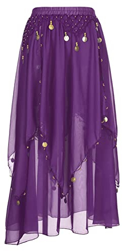 iiniim Falda Danza del Vientre con Borla Lentejuelas Brillante Mujer Falda Larga Gasa Irregular para Adulto Ropa de Rendimiento Cintura Alta Fiesta Actuación A Morado Talla única