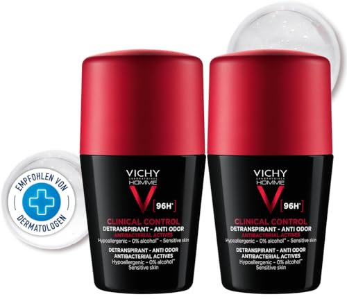 Vichy Homme, Déodorant Détranspirant Clinical Control 96H, Roll-on, Anti-Odeurs, Anti-Bactérien, Sans Alcool, Hypoallergénique, Tous Types de Peau, 2 x 50ml