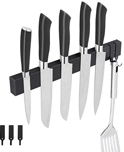 Magnetleiste Messer, FOGARI 40cm Messerhalter Magnetisch mit 3 Haken Edelstahl Messer Magnetleiste ohne Bohren Magnet Messerhalter für Utensilien und Werkzeuge (Schwarz)