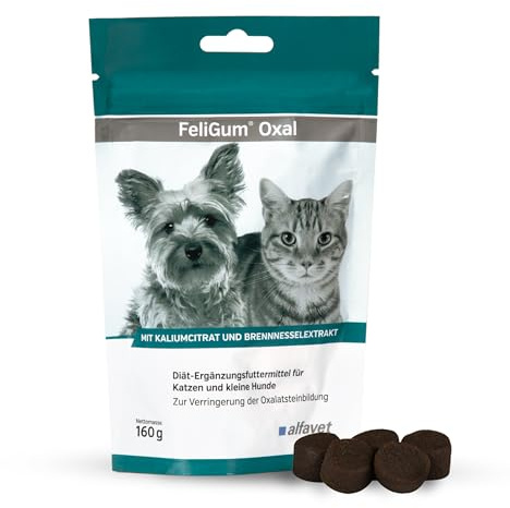 Alvafet FeliGum Oxal para reducir la formación de cálculos urinarios, suplemento dietético para gatos y perros pequeños con citrato de potasio, gotas para masticar 160 g