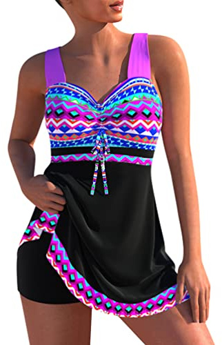 Minetom Maillot de Bain Robe Tankini Amincissant Push Up Bikini à Jupette Tankini Ensembles Maillots Set Beachwear 2 Pieces E Noir XXL