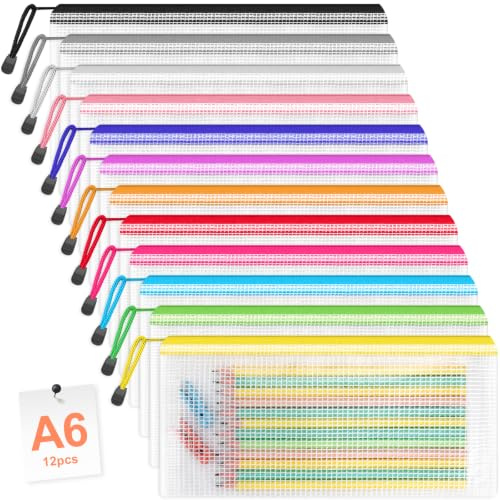 Smarpau A6 Mesh Document Bag, 12 PCS Clear Pencil Case Plastic Zip Wallets | File Zipper Bags Document Folders Ziplock Bags Storage Pouch for School, Home, Office Supplies & Travel (12 Colours)