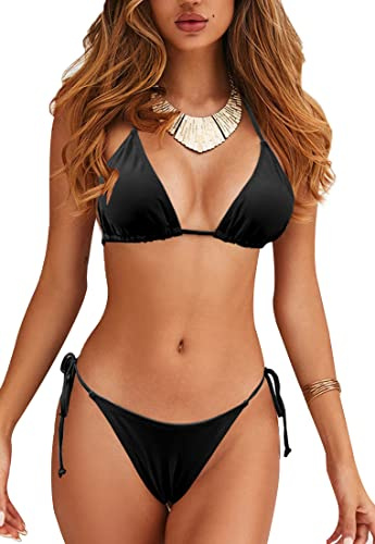 JFAN Bikini set för kvinnor slips sida botten hållare triangeltopp tvådelad baddräkter, Svart-a, S