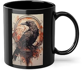 Tasse 330ml Schwarz Gothic Rabe - Wikinger Kaffeetasse - Beidseitig Bedruckt - Viking Kaffeebecher - Küche Zubehör - Teetasse - Bürotasse - Mittelalter Wikinger Deko