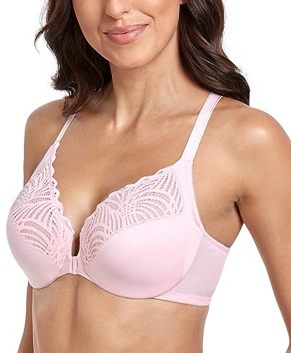 Lemorosy Women's Lace Racerback Front Closure Bra Plus Size Full Figure Unpadded Everyday Underwire for Big Bust(Pink,38E)