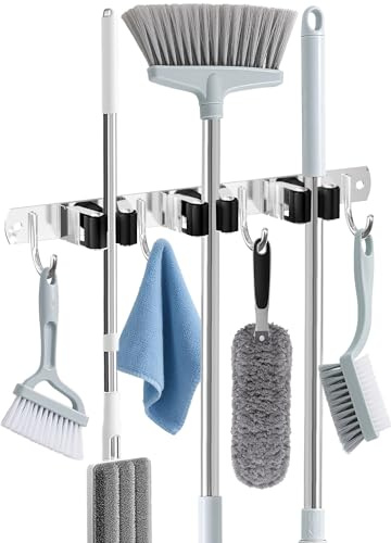 Broom Holder Wall Mount, Broom Organizer Wall Mount Stainless Steel Broom and Mop Hanger Heavy Duty Storage Organization for Home Kitchen Garden Garage Room 3 Racks 4 Hooks Black