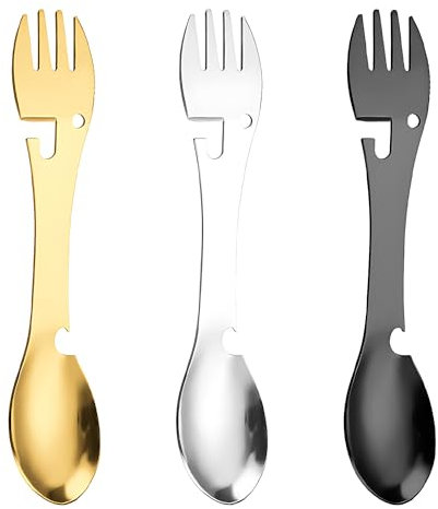 FIBOUND Ensemble de 3 Couverts de Camping Spork, Vaisselle Métallique Polyvalente pour Pique-Nique, Ouvre-Bouteille et Spork de Camping, Fonction 5 en 1, pour Les Voyages, Les Activités en Plein Air