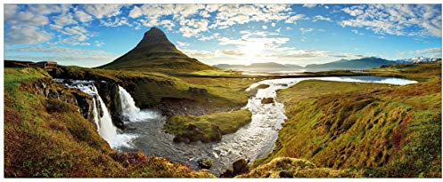 Wallario Glasbild Island Panorama Fluss Berge und Blauer Himmel - 50 x 125 cm Wandbilder Glas in Premium-Qualität: Brillante Farben, freischwebende Optik