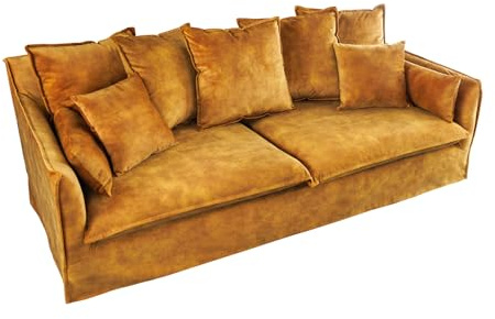 3-Sitzer Sofa HEAVEN - 200cm - senfgelb - Samt - Federkern Hussensofa | 9 Kissen inklusive, abnehmbarer Bezug, waschbar bei 30°C, Nosagfederung, Landhausstil, pflegeleicht