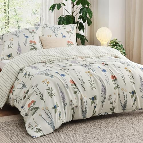 BEDSURE Bettwäsche 200x200 3teilig Bettbezug - Bettwäsche-Sets 200 x 200 cm mit 2 Kissenbezüge 80x80 cm, ÖKO-TEX Weiß Bedding Muster Blumen Gestreift für Doppelbett mit Reißverschluss