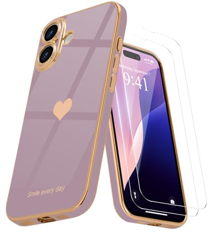 Teageo Cute Heart Girly Design Case for iPhone 16, Lavender | with 2 Screen Protectors, Luxury Bling Plating Phone Case, Soft TPU Cover, Shockproof Bumper, for Women Girls