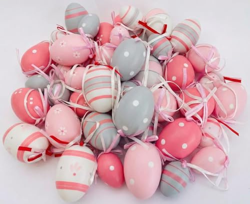 Osterdeko 2026: 48er Set Ostereier zum Aufhängen – Lila, Weiß & Grau Kunststoff Eier für Osterstrauch – Mix 4cm & 6cm – Designs mit Streifen & Punkten