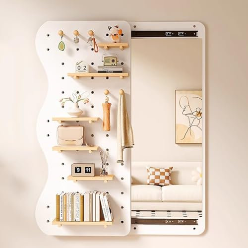 Pegboard, Stecktafel, Lochplatte, Lochplatte Holz, Eingangsspiegel mit Haken und Regalen, 2-in-1-Eingangsgarderobe, Rechteckig, for die Wandmontage auf der Veranda(White,160x60cm/63x24in)