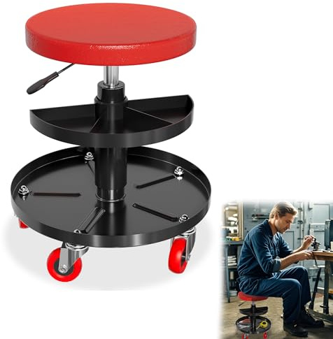 YRHome Taburete de taller con ruedas, altura ajustable, 41-51 cm, silla de taller, asiento con ruedas, asiento ergonómico, diámetro de 30 cm, taburete de montaje con ruedas de 360° y 2 bandejas para