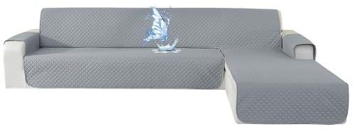CYCMACO Funda Sofa Chaise Long Impermeable 4 Plazas, Gris Claro | Fundas Sofa L Chaise Longue Izquierdo/Derecho Reversible, Protector Antimanchas Y Resistente, Antideslizante, Anti Gatos