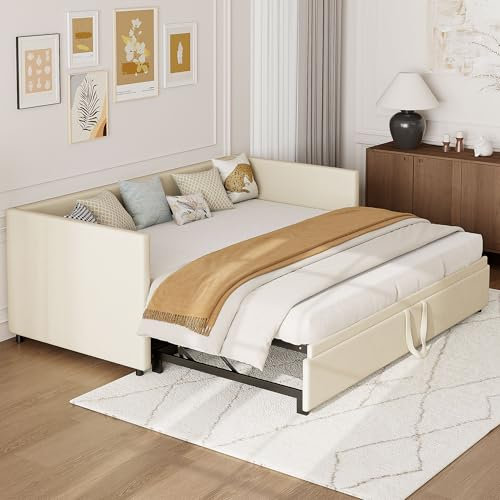 Teahutty 3-in-1 umwandelbares Schlafsofa, Samtstoff, Zweisitzer-Sofa, ausziehbare Couch mit Rückenlehne für Wohnzimmer, Schlafzimmer, Wohnung, keine Matratze, 90/180 x 200 cm (Beige)