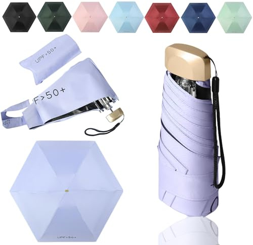 Tirimbeles Paraguas Plegable de Bolsillo para Viaje, Sombrilla de Mano 6 Varillas, Mini Paraguas Protección Solar UV, Compacto y Elegante con Funda, Ideal Viajar y Bolsos Pequeños
