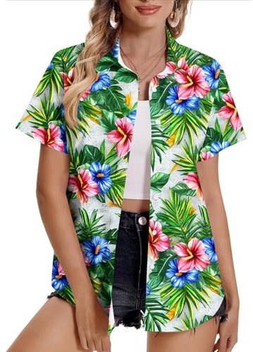 Women Hawaiian Shirts Plus Size Soft Cool Floral Tropic Print Hawaii Shirt V Neck Short Sleeve Button Down Oversized T-Shirt Summer Beach Vacation Outfits Blouse Tunic Tops Ladies UK
