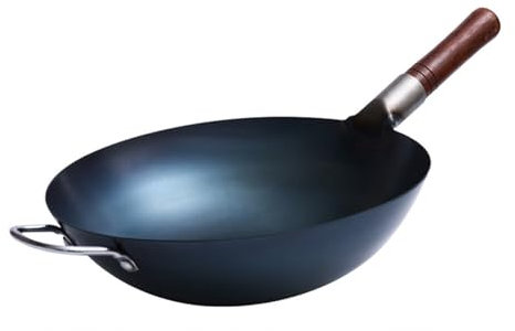 MYUYEE Wok in Ferro Tradizionale Padella Antiaderente con Fondo Rotondo Senza Rivestimento Chimico pentole Cinesi per fornelli a Gas e a induzione,B1-38CM