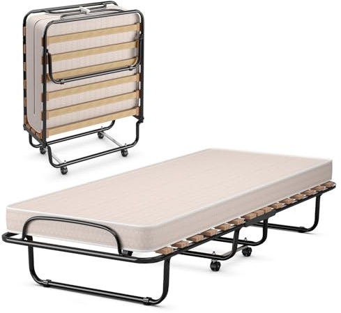 LIFEZEAL Letto Pieghevole, Letto per gli ospiti pieghevole in metallo, Singolo Pieghevole con Materasso in Memory Foam, Adulto Metallo su 4 Ruote (Beige, 190 x 80 x 33 cm)