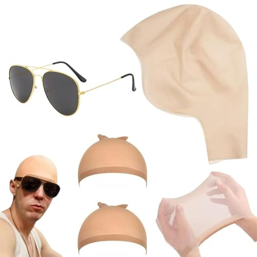 SDXCJY Lot de bonnets chauves en latex de qualité supérieure avec 2 bonnets élastiques en maille filet et lunettes de soleil, couvre-tête chauve couleur peau réaliste, idéal pour cosplay, Halloween