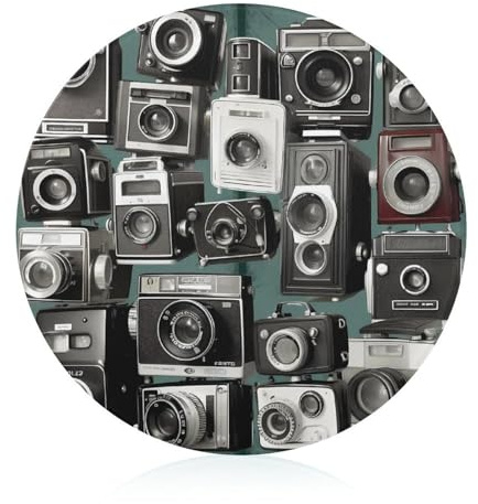 Planche à découper en verre de 20,3 x 20,3 cm - Motif appareil photo rétro cool - Avec pieds antidérapants - Planches à découper rondes pour cuisine - Résistantes à la chaleur - Pour fruits, fromage