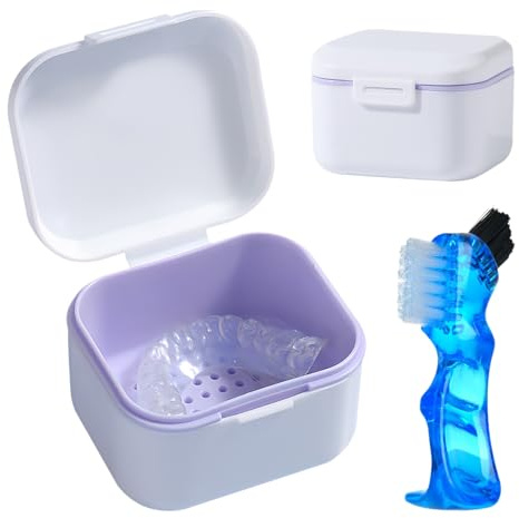 GmeDhc Caja Aparato Dental con Postiza Cepillo Limpiador, Caja de Dentaduras Postizas con Filtrar, Funda Aparato Dental Ortodoncia, Contenedor por Alineadores Dentales