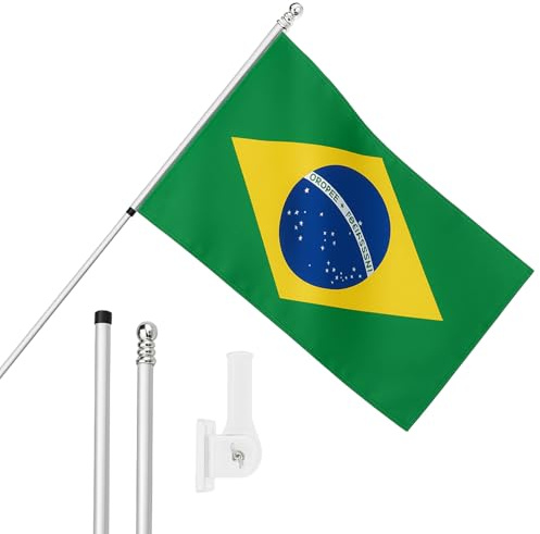 I LOVE FANCY DRESS Drapeau du Brésil, mât et support mural – Drapeau brésilien de 1,5 x 0,9 m avec œillets, mât extensible et support – Décoration intérieure et extérieure