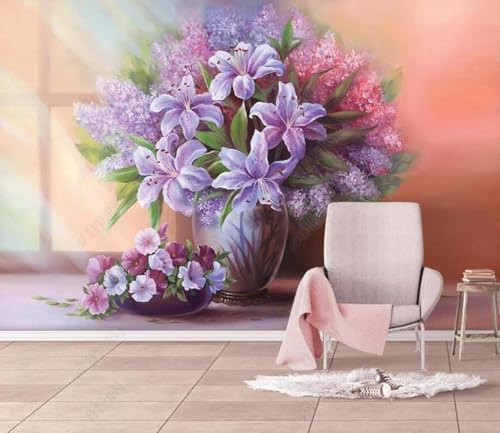 XLMING Vase En Relief Esthétique Fleurs Violettes 3D Papier Peint Premium Texturé Soie Bureau Salle à Manger Salon Chambre Coucher Canapé TV Mur-200cm×140cm