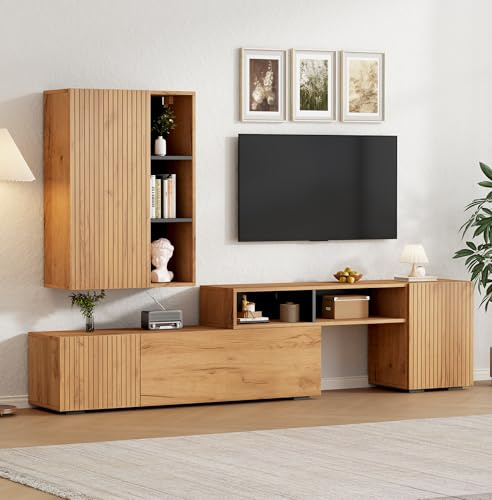 Merax Wohnwand Wohnzimmer Set, Modern Wohnzimmer Möbel Set, Verstellbarer TV Lowboard, Wandschrank, Vitrine Hängend oder Stehend, Wohnzimmermöbel Komplett, Elegante Schrankwand, Mediawand, Holzfarbe