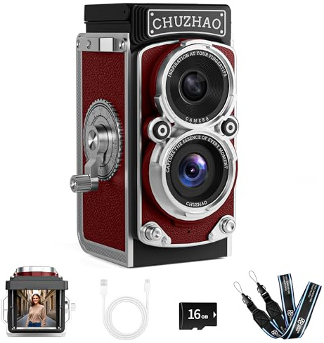 CHUZHAO Mini appareil photo numérique rétro – Caméra de vlogging avec mise au point automatique de style TLR vintage, compact et portable, carte de 16 Go incluse, idéal pour les débutants, les