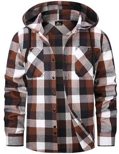 SwissWell Camicia Uomo Flanella Camicia Quadri con Cappuccio Uomo Manica Lunga Casual Felpe caffè L
