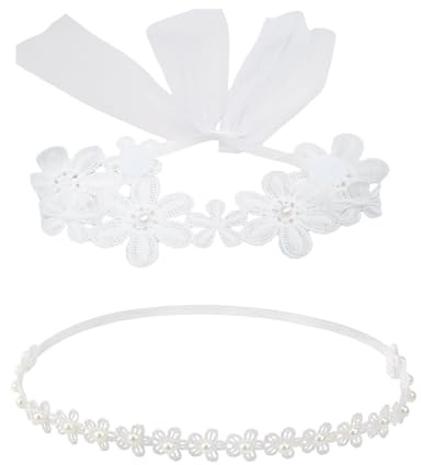 2 Stück Baby Haarband, Elastisches Taufstirnband für Baby Mädchen Blumen Spitzenband Weiß Neugeborenen Haarband Baby Mädchen Stirnbänder Weiß Dehnbare für Party Hochzeit Taufe Familienfoto Fotografie