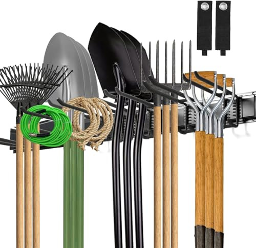 Wandhalterung Gartengeräte, 120cm Metall Gartengerätehalter, Gerätehalter | 3 Schienen, 9 Verstellbaren Haken, Besenhalterung Wand, Tool Organizer Wandhalterung für Besen, Schaufel, Gartengeräte