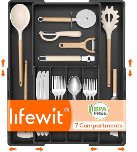 Lifewit Besteckkasten für Schubladen, flexibel von 4 auf 7 Fächer erweiterbar, verstellbar von 22,6 – 36 cm Breite, Kunststoff Organizer Küche für Messer, Gabeln und Löffel, Schwarz