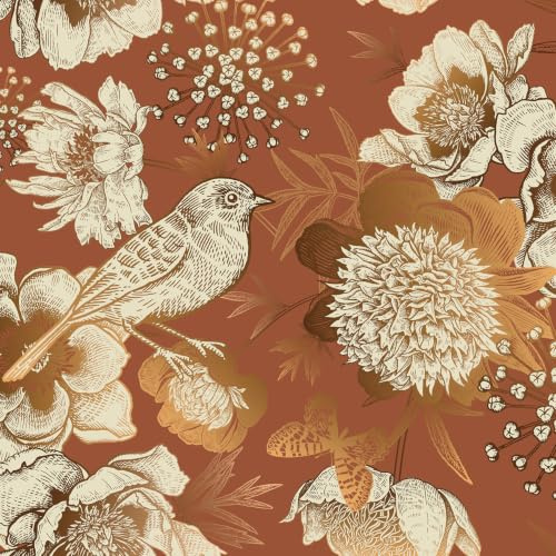 ReWallpaper Papier Peint Terracotta Motif Fleuri 44.5CMx7M Papier Adhesif Meuble Oiseau Doré Vintage Revetement Mural Adhesif Chambre Adulte Salon Terracotta Papiers Peints Cuisine Amovible