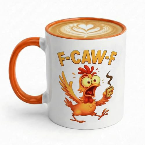 CECOMBINE F-Caw-F Funny Chicken Mug, 11oz F-Caw-F Ceramic Coffee Mug, Ceramic Farmhouse Themed Mug for Coffee Milk Tea, Farm Animal Humor Gift for Friends, Coworkers & Party Lovers(White/Orange)