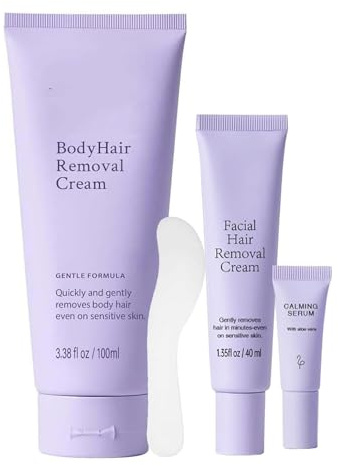 3Pack Body & Facial Hair Removal Cream and Serum, Facial Hair Remover for Women Cream for Sensitive Skin, Upper Lip, Chin & Cheeks, Gentle Painless Depilatory Cream Kit