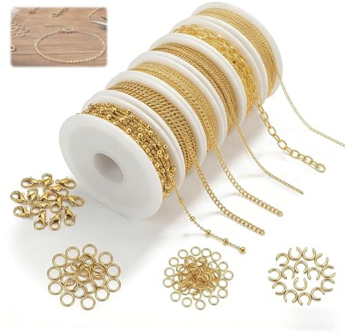 Nevoluxer 6 Rollen Gliederkette Gold, 14m Gliederkette Meter, Schmuckketten zum Basteln, Halsketten Zubehör mit Ringen, Karabinerverschlüssen und U-Ringen für Schmuck Selber Machen Set