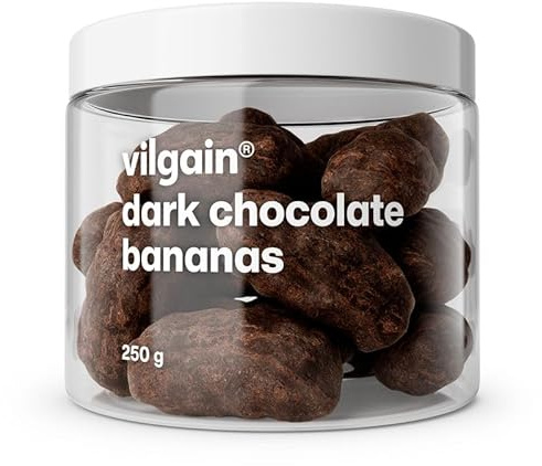 Vilgain Bananen (250 g) in Zartbitterschokolade – Weiche Fruchtstücke Schokoliert, Edle 65% Dunkle Schokolade Ohne Überzugsmittel & Palmöl, Feiner Schoko Snack & Süßigkeit