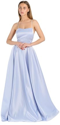 Abito Lungo Elegante Donna in Raso – Spalline Sottili, Schiena Scoperta con Allacciatura, Linea Ampia Fluida – Vestito da Cerimonia, Festa, Evento Formale (IT, Testo, S, Regular, Regular, celeste)