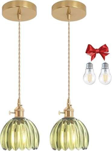 Bravsekai Green Tulip Glass Pendant Light, 2 Natural Light Bulbs Included, Adjustable Cord with Switch, Suitable for Kitchen Island/Dining Room