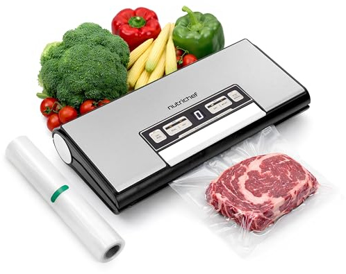 NutriChef Vacuum Sealer Machine, 80kPa Food Vacuum Sealer with Cutter, Bag Storage, Suction Hose, 1 Bag Roll & 5 Vacuum Bags to Ensure Freshness, Suitable for Freezer Meal Prep & Portioning 14x7x3