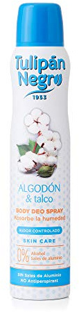 Tulipán Negro Desodorante Spray Algodón y Talco 200 ml, 0% Sales de Aluminio, Absorbe la Humedad