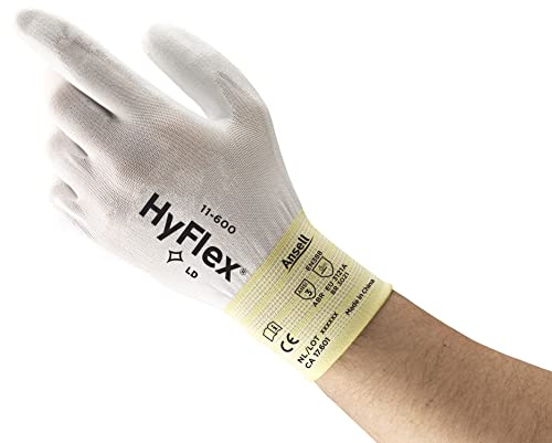 Ansell HyFlex 11-600 Dünne Arbeitshandschuhe, Nylon-Strickhandschuhe mit PU Beschichtung, Leichte Schutzhandschuhe, Präzises Arbeiten und Heimwerken, Mechanikschutz, Weiß, Größe L (12 Paar)