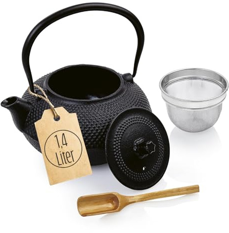 Lumaland Tee Kanne im Asia Hobnail Design | 1 x gusseiserne Teekanne (1,4 Liter) 1x Bambus Dosierlöffel 1 x Edelstahlsieb